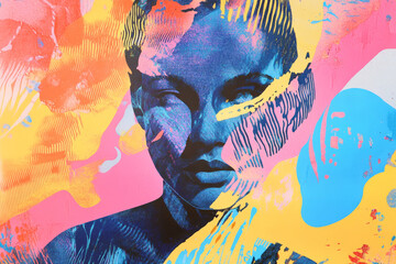 A colorful layered portrait in risograph style, blending stylized human figures with bold graphic elements, surreal color shifts, and expressive overprint patterns for a dynamic look.