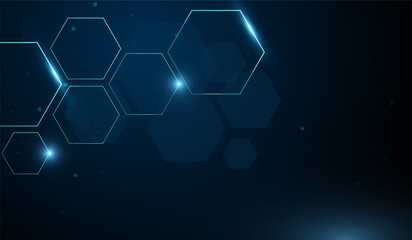 A technolgy abstract background with collection of neon blue hexagons floats in a dark space, illuminated by soft glowing edges. The image conveys a futuristic, digital aesthetic.