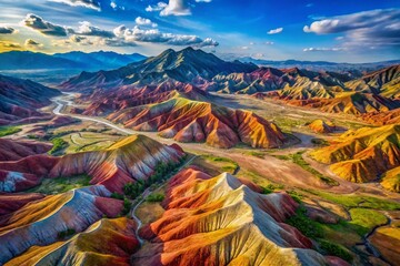 Aerial View of Vibrant Mineral Landscape: Otherworldly Colors & Geological Formations