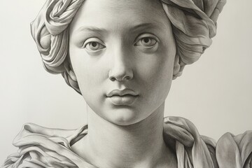 Detailed portrait of a young woman with an elaborate hairstyle and soft expression created in pencil