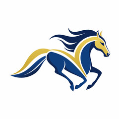 Modern Running Horse Logo: Sleek, Elegant Vector Design in Gold & Blue.