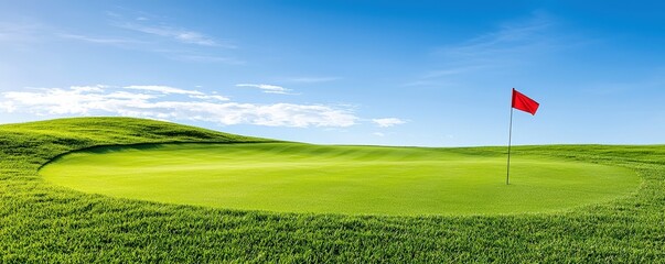 A serene golf course landscape featuring a vibrant green putting green and a red flag under a clear blue sky.