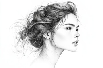 Fototapeta premium Young woman with wavy hair depicted in detailed pencil sketch showcasing serene expression and graceful profile