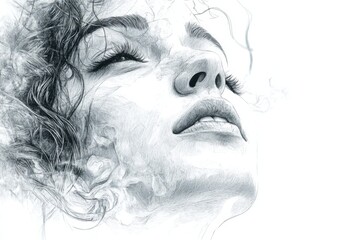Fototapeta premium Captivating portrait of a woman with delicate features and ethereal smoke effects in a serene and dreamlike setting