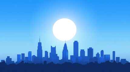 Fototapeta premium Cityscape Sunrise Silhouette - A serene cityscape silhouette at sunrise, featuring a bright sun and a modern city skyline against a clear blue sky