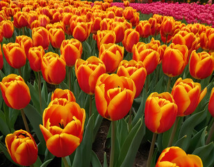 The colorful flowers of tulips, spring season, field of gorgeous yellow tulips.