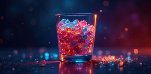 A glass filled with iridescent treasures under the starlight, colors, resplendent