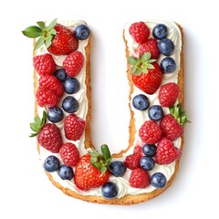 Delicious letter U cake adorned with fresh strawberries, raspberries, and blueberries.