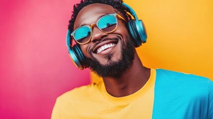 Modern and cool man listening music on headphones with smiley and happy attitude on trendy color background