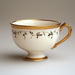A fine china teacup with delicate gold trim, ultra-detailed, white background