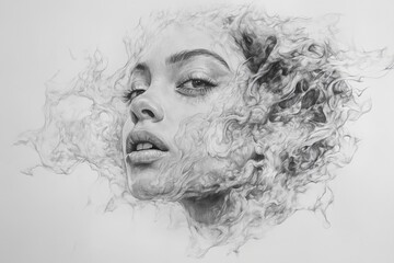 Portrait of a woman with flowing hair blending into smoke-like forms