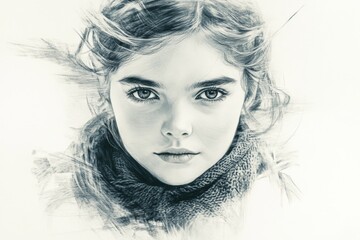 Fototapeta premium Portrait of a young girl with striking features and deep eyes, wearing a cozy scarf against a subdued background