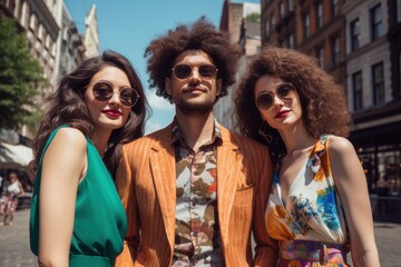 Three people are standing on a street, one of them wearing a green dress