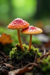 Obraz premium Delicate mushroom caps peek through leaf litter, small growth, nature, leaf litter