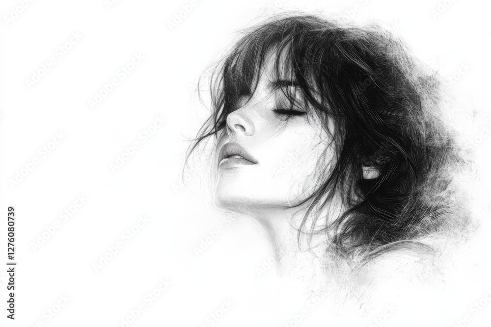 Poster artistic sketch of a woman with delicate features experiencing tranquility in a serene moment