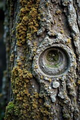 Faux bois wall covered in grey brown moss and lichen, rustic charm, earthy tone