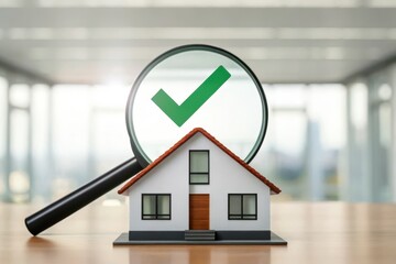 Model House Under Magnifying Glass with Green Checkmark on Wooden Table