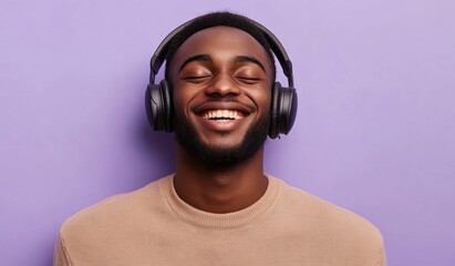 Modern and cool man listening music on headphones with smiley and happy attitude on trendy color background