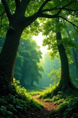 Naklejka premium Forest with large trees and small branches stretching towards the sky, trunk, branch