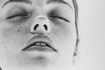 Obraz premium Close-up portrait showcasing the serene expression and detailed features of a young person in natural light