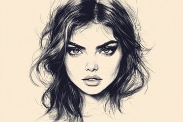 Naklejka premium Sketch of a young woman with flowing hair and striking features, showcasing artistic talent and portraiture skills