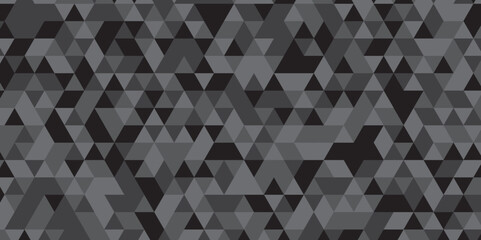 Abstract geometric black and gray background seamless mosaic and low polygon triangle texture wallpaper. Triangle shape retro wall grid pattern geometric ornament tile vector square element.	
