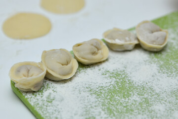 Making Russian dumplings with meat
