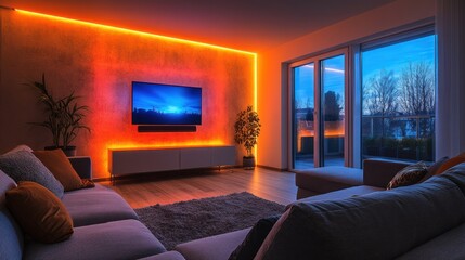 Modern living room, LED lighting, evening view