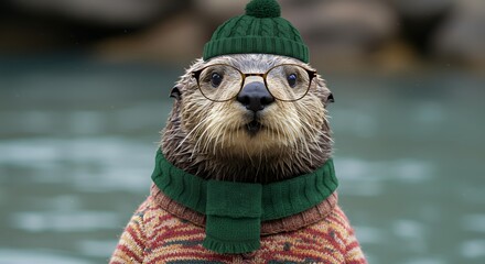 Obraz premium Otter Wearing Hat, Glasses, and Scarf by Water, Funny Animal Portrait