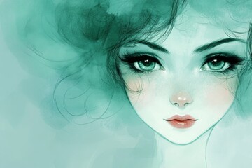 Fototapeta premium Woman with green hair and captivating eyes surrounded by soft teal colors