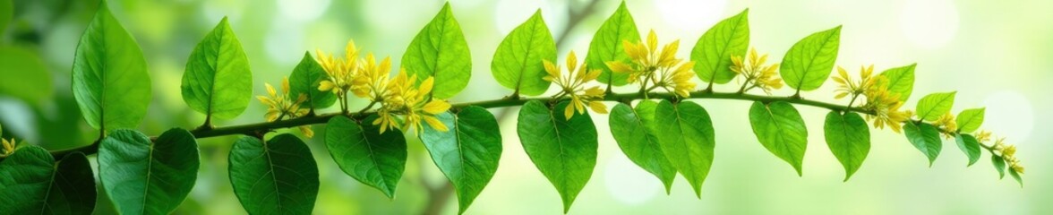 Fototapeta premium Long green leaves on a woody stem with clusters of yellowish-green flowers, fern-like leaves, flowering vine, aristolochia clematitis