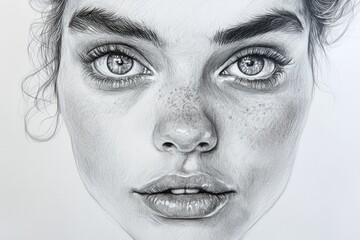 Obraz premium Detailed pencil drawing of a young woman with expressive eyes and freckles showcasing intricate artistry