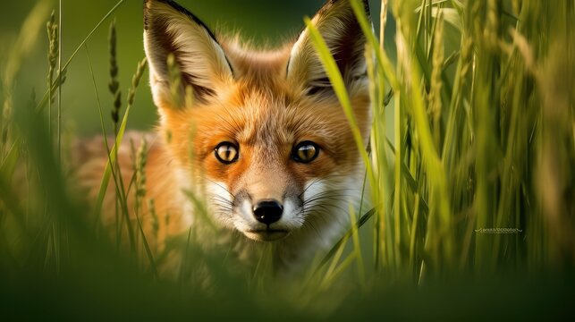 huntg red fox in grass