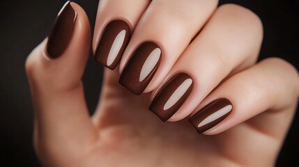 Woman's Hand with Elegant Brown Manicure Against a Dark Background