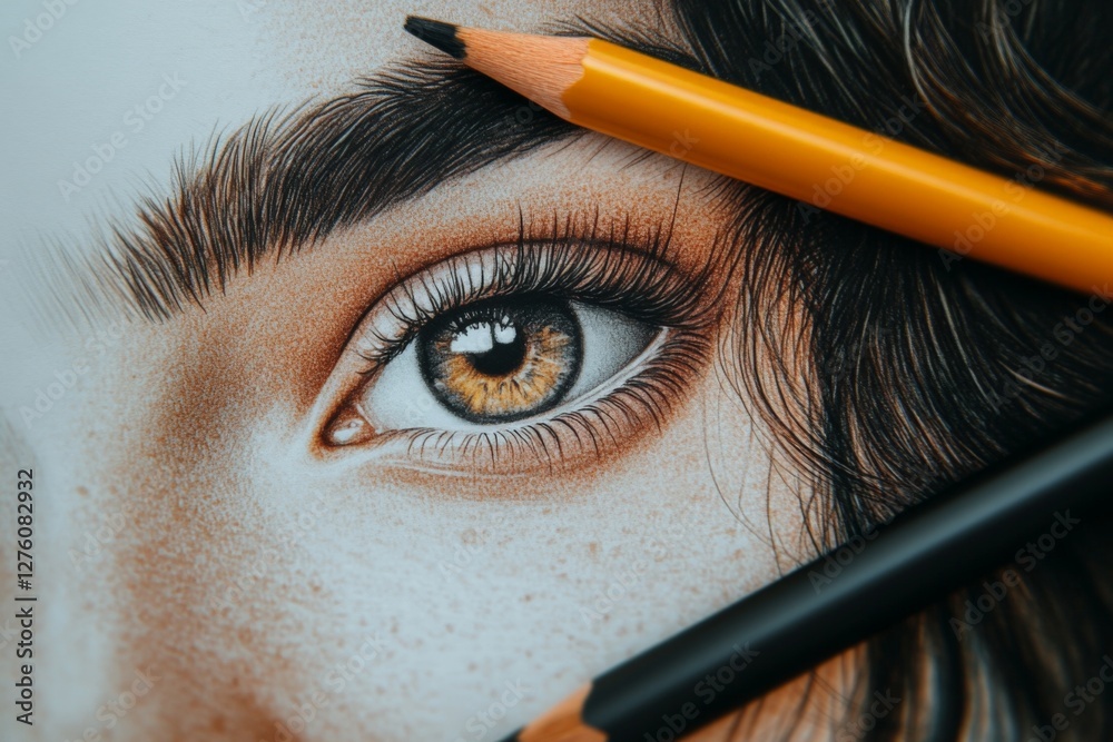 Poster close-up of a realistic eye drawing with colored pencils highlighting intricate details and textures