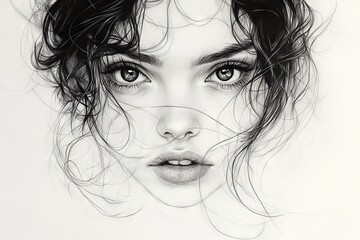 Naklejka premium Detailed portrait of a young woman with expressive eyes and flowing hair showcasing artistic realism and depth
