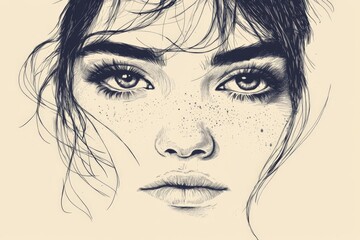 Obraz premium Detailed sketch of a young woman's face with striking features and freckles in monochrome tones