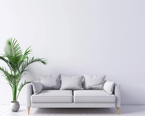Minimalist living room with a white sofa. a potted plant. and a blank wall for mockup