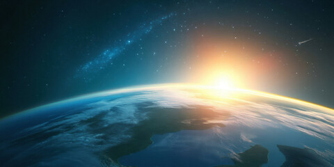 Obraz premium stunning view of Earth from space, showcasing curvature of planet, vibrant colors of atmosphere, and bright sunrise illuminating horizon