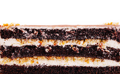 Delicious chocolate cake with layers of cream and nuts