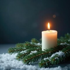 Single burning candle on fir branches against dark grey, serene atmosphere, snow