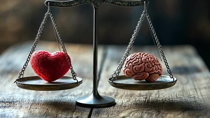 Balancing emotion and reason with a heart and brain on a scale in a rustic setting - Powered by Adobe
