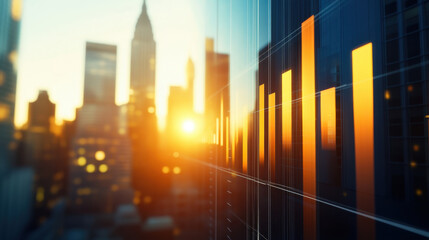vibrant sunset casts warm glow over city skyline, with stock market bar chart reflecting on glass buildings, symbolizing financial growth and opportunity