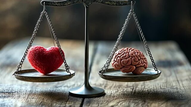 Balancing emotion and reason with a heart and brain on a scale in a rustic setting