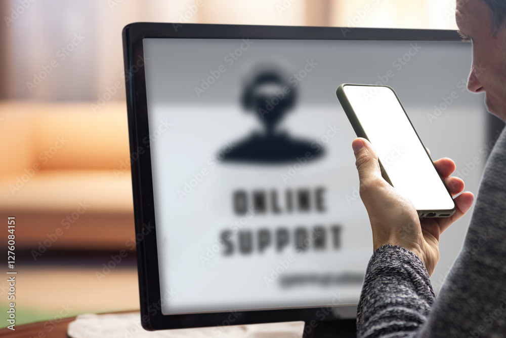 Poster young man needing online help with setting up device talking with tech support. man interacting with