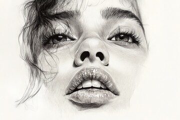 Obraz premium Detailed pencil drawing of a young woman with expressive eyes and full lips, showcasing realistic texture and emotion