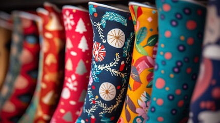 A row of colorful christmas stockings. Christmas stockings with a sock. A festive set of patterns. A line of vibrant lifestyle christmas stockings.