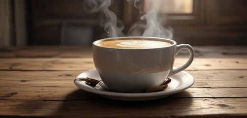 Fototapeta premium Steaming cup of coffee on a rustic wooden table, warm tones, simplicity