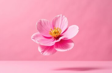 Fototapeta premium Fresh quince blossom, beautiful pink flowers falling in the air isolated on pink background. Zero gravity or levitation, spring flowers conception, high resolution image