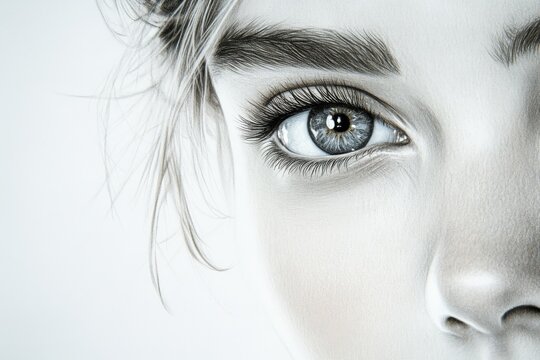 Detailed close-up of a young person's striking blue eye and flawless skin in an artistic portrayal of beauty